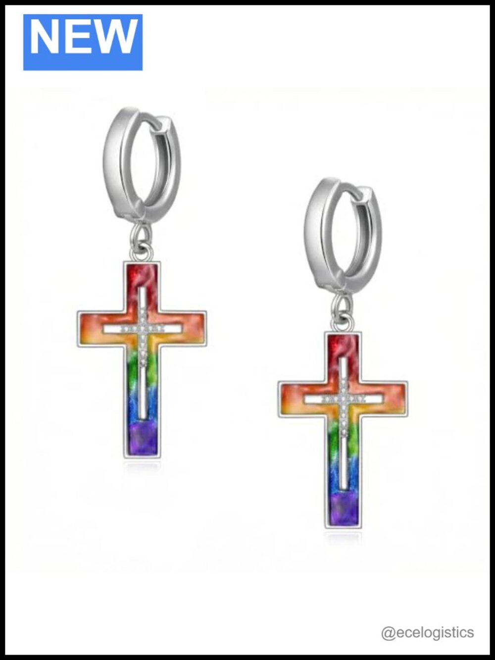 Sterling Silver 925 Rainbow Cross Dangle Earrings Pride Hypoallergenic Gift